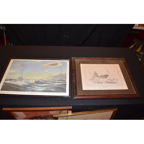 468 - ROYAL NAVY AND TRAIN INTEREST, a group of framed prints, photographs and wooden wall plaques, includ... 