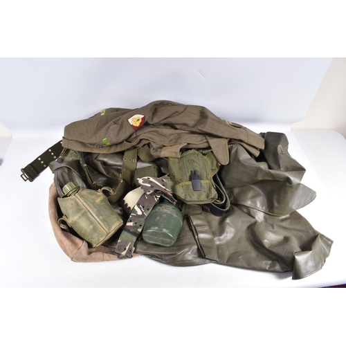 473 - AN ABL SEYNTEX DRESS MAC WITH A BOX OF OTHER MILITARY ITEMS, coat labeled ABL Seyntex 5 1982, named ... 