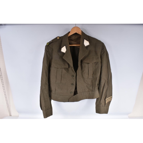 473 - AN ABL SEYNTEX DRESS MAC WITH A BOX OF OTHER MILITARY ITEMS, coat labeled ABL Seyntex 5 1982, named ... 