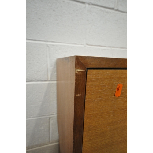 1257 - A MID CENTURY TEAK STAPLES LADDERAX CORNER MODULAR SHELVING UNIT, comprising three various fall fron... 