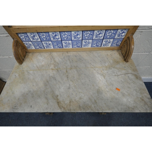 1273 - A 19TH CENTURY PINE MARBLE TOP WASH STAND, with a raised tile back, a single frieze drawer, on turne... 