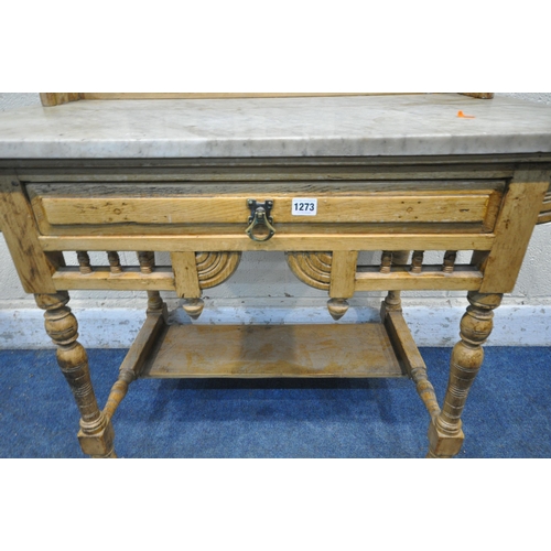 1273 - A 19TH CENTURY PINE MARBLE TOP WASH STAND, with a raised tile back, a single frieze drawer, on turne... 