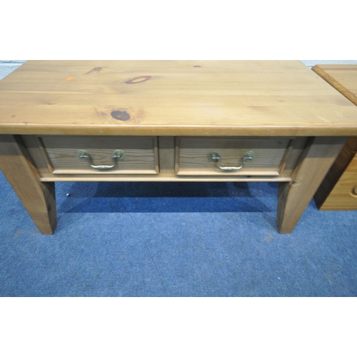 1281 - A MODERN PINE COFFEE TABLE, with two drawers and tapered legs, width 95cm x depth 58cm x height 47cm... 