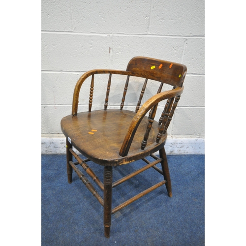 1282 - AN EARLY 20TH CENTURY OAK BENTWOOD BOW TOP CAPTAINS CHAIR, with spindle supports, on turned legs and... 