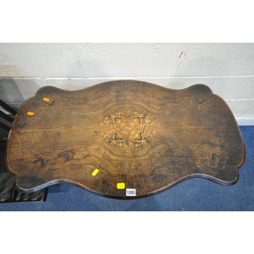 1285 - A 19TH CENTURY WALNUT CENTRE TABLE, with serpentine top, turned supports, united by a central finial... 