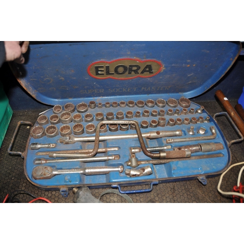 1057 - AN ELORA SOCKET SET AND TWO BOXES OF TOOLS AND ACCESSORIES including halogen lamps, a welding mask, ... 