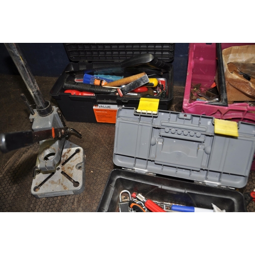 1068 - TWO TOOLBOXES AND A PLASTIC TRAY CONTAINING TOOLS including saws, hammers, a Stanley No 4 plane, ano... 