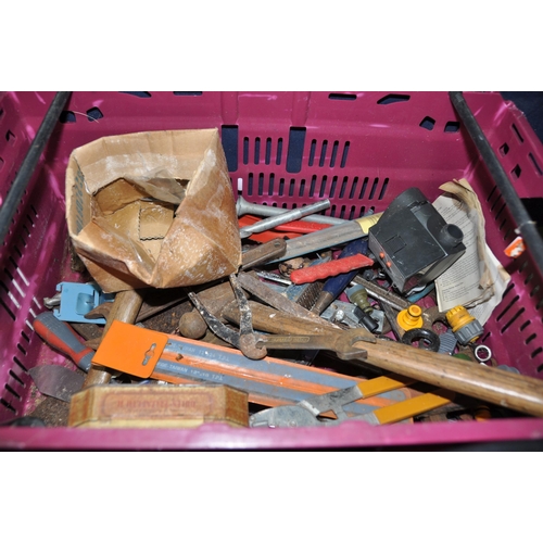 1068 - TWO TOOLBOXES AND A PLASTIC TRAY CONTAINING TOOLS including saws, hammers, a Stanley No 4 plane, ano... 