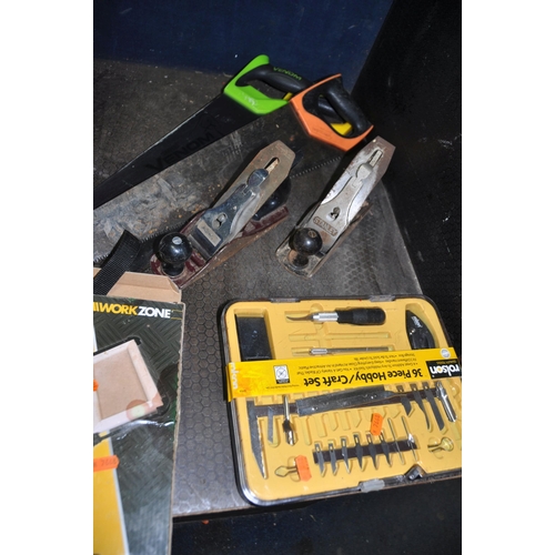 1068 - TWO TOOLBOXES AND A PLASTIC TRAY CONTAINING TOOLS including saws, hammers, a Stanley No 4 plane, ano... 