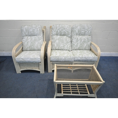 1305 - A RATTAN THREE PIECE CONSERVATORY SUITE, comprising a two seater sofa, length 122cm x depth 88cm x h... 