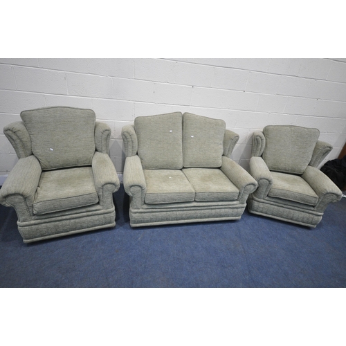 1307 - A LIGHT GREEN UPHOLSTERED THREE PIECE SUITE, comprising a two seater sofa, length 133cm x depth 93cm... 