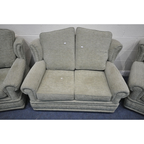 1307 - A LIGHT GREEN UPHOLSTERED THREE PIECE SUITE, comprising a two seater sofa, length 133cm x depth 93cm... 