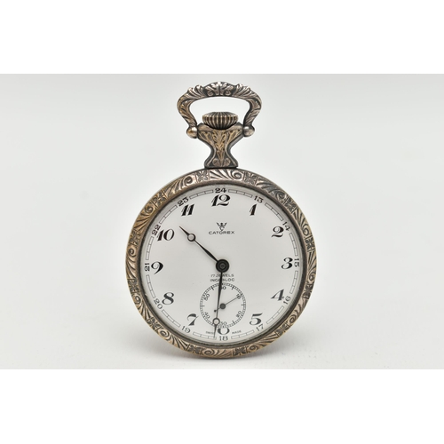 A WHITE METAL CATOREX OPEN FACE POCKET WATCH manual wind round white dial signed Catorex Arab