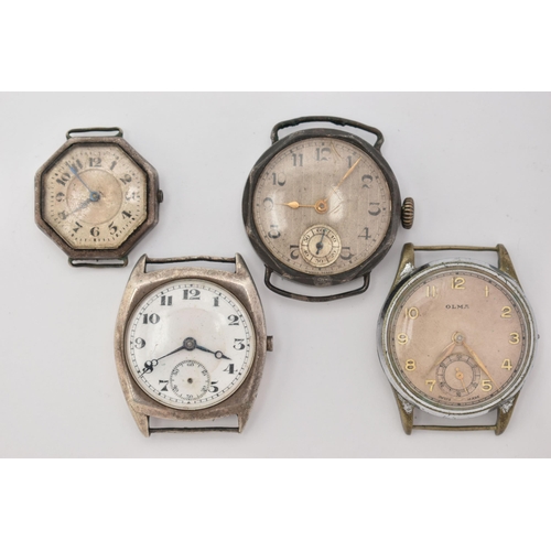 20 - FOUR MID 20TH CENTURY WATCH HEADS, to include a white metal 'Olma' watch head, missing crown, approx... 