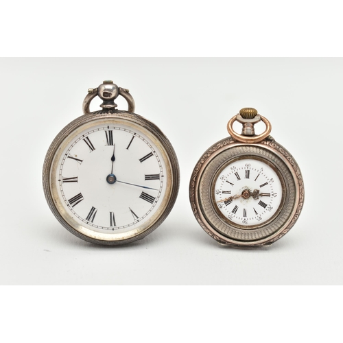 23 - TWO LADIES OPEN FACE POCKET WATCHES, the first a key wound silver pocket watch, round white dial wit... 