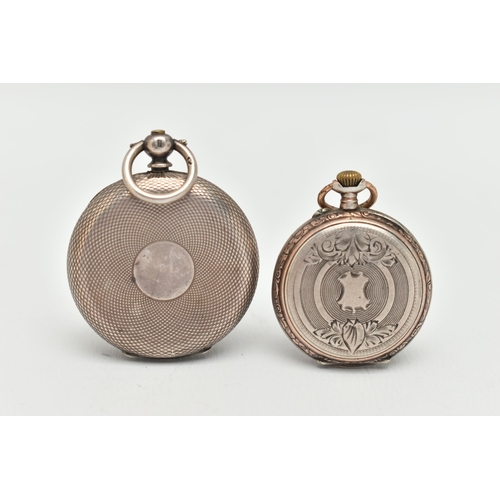 23 - TWO LADIES OPEN FACE POCKET WATCHES, the first a key wound silver pocket watch, round white dial wit... 