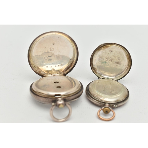 23 - TWO LADIES OPEN FACE POCKET WATCHES, the first a key wound silver pocket watch, round white dial wit... 