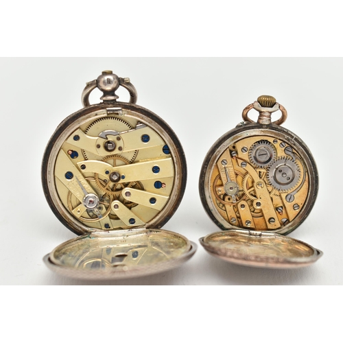 23 - TWO LADIES OPEN FACE POCKET WATCHES, the first a key wound silver pocket watch, round white dial wit... 