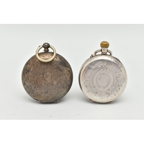 24 - TWO LADIES OPEN FACE POCKET WATCHES, the first a key wound, round white dial with Roman numerals, in... 