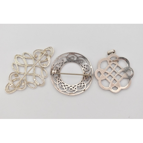 25 - THREE ITEMS OF SCOTTISH JEWELLERY, to include an open work Celtic pattern pendant, fitted with a bai... 