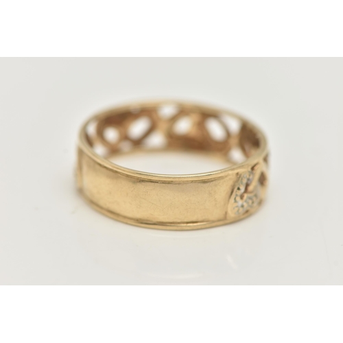 3 - A 9CT GOLD BAND RING, open work wide band, detailed with hearts set with single cut diamond accents,... 