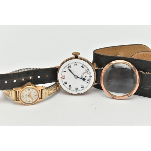 33 - TWO GOLD WRISTWATCHES, to include a gents watch, manual wind, round white dial, Arabic numerals, sub... 