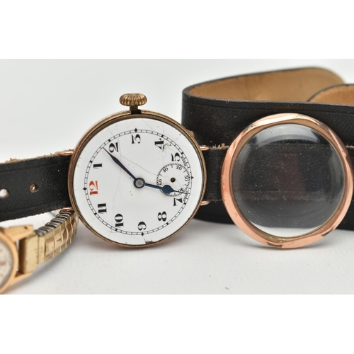 33 - TWO GOLD WRISTWATCHES, to include a gents watch, manual wind, round white dial, Arabic numerals, sub... 