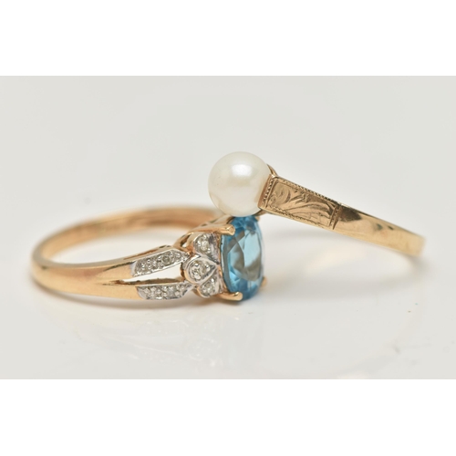 35 - TWO 9CT GOLD RINGS, the first designed with a cultured pearl to the engraved shoulders, ring size S,... 