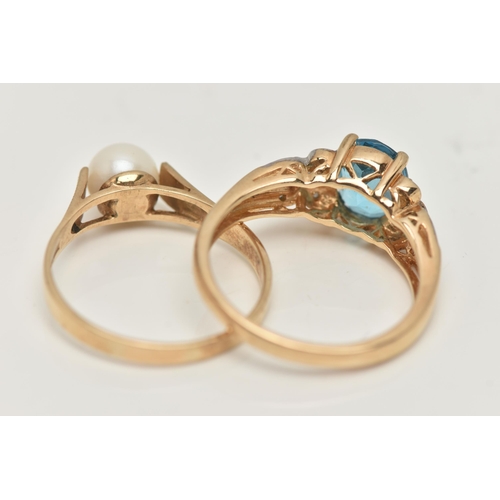 35 - TWO 9CT GOLD RINGS, the first designed with a cultured pearl to the engraved shoulders, ring size S,... 