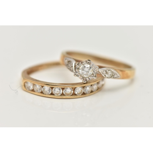 36 - TWO 9CT GOLD RINGS, the first designed as a central illusion set brilliant cut diamond flanked by br... 