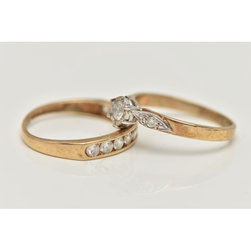 36 - TWO 9CT GOLD RINGS, the first designed as a central illusion set brilliant cut diamond flanked by br... 