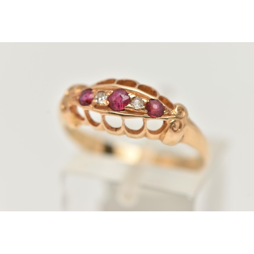 37 - A RUBY AND DIAMOND RING, designed as three graduated rubies interspaced by single cut diamonds, to t... 