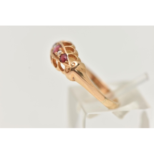 37 - A RUBY AND DIAMOND RING, designed as three graduated rubies interspaced by single cut diamonds, to t... 