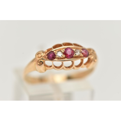 37 - A RUBY AND DIAMOND RING, designed as three graduated rubies interspaced by single cut diamonds, to t... 