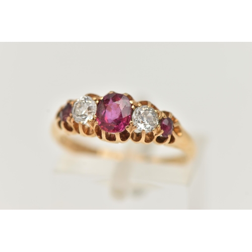 41 - AN EARLY 20TH CENTURY RUBY AND DIAMOND RING, three oval cut rubies, interspaced between two old cut ... 