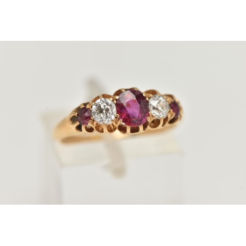 41 - AN EARLY 20TH CENTURY RUBY AND DIAMOND RING, three oval cut rubies, interspaced between two old cut ... 