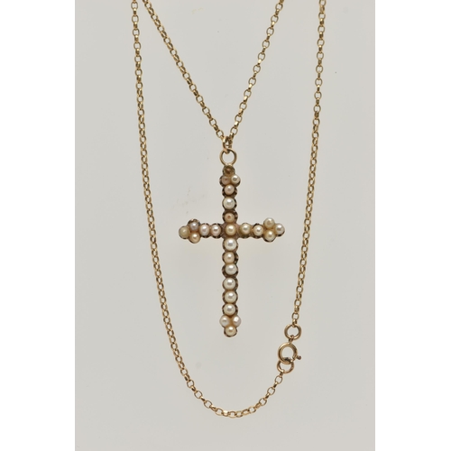 42 - AN EARLY 20TH CENTURY SEED PEARL CROSS PENDANT AND A 9CT GOLD CHAIN, a rose metal cross set with twe... 