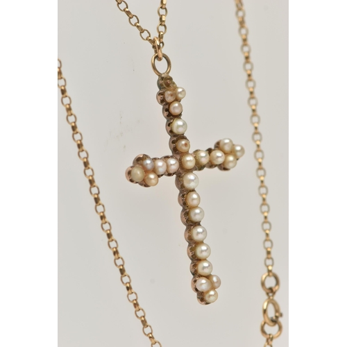 42 - AN EARLY 20TH CENTURY SEED PEARL CROSS PENDANT AND A 9CT GOLD CHAIN, a rose metal cross set with twe... 