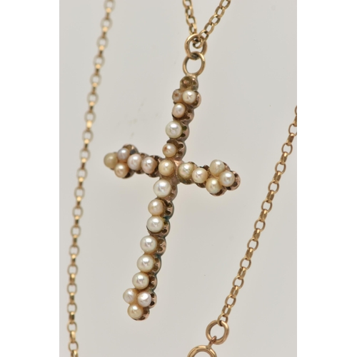 42 - AN EARLY 20TH CENTURY SEED PEARL CROSS PENDANT AND A 9CT GOLD CHAIN, a rose metal cross set with twe... 