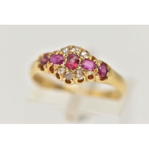 43 - AN EARLY 20TH CENTURY RUBY AND DIAMOND RING, comprised of three oval cut rubies, two circular cut ru... 