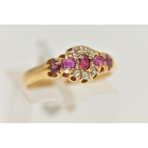 43 - AN EARLY 20TH CENTURY RUBY AND DIAMOND RING, comprised of three oval cut rubies, two circular cut ru... 