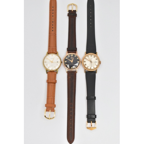 48 - THREE GENTLEMAN'S WRISTWATCHES, all with circular faces, baton markers and leather straps, to includ... 