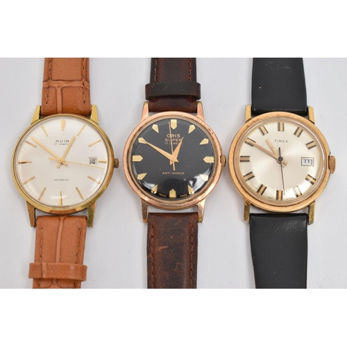 48 - THREE GENTLEMAN'S WRISTWATCHES, all with circular faces, baton markers and leather straps, to includ... 