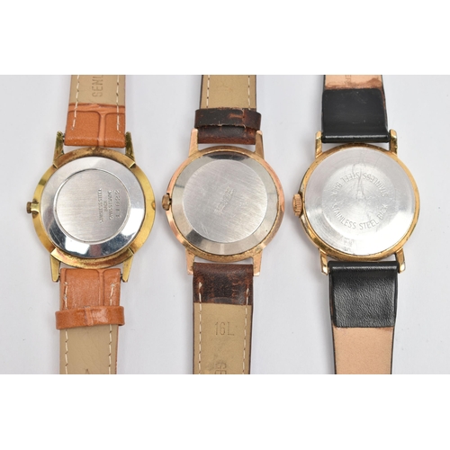 48 - THREE GENTLEMAN'S WRISTWATCHES, all with circular faces, baton markers and leather straps, to includ... 