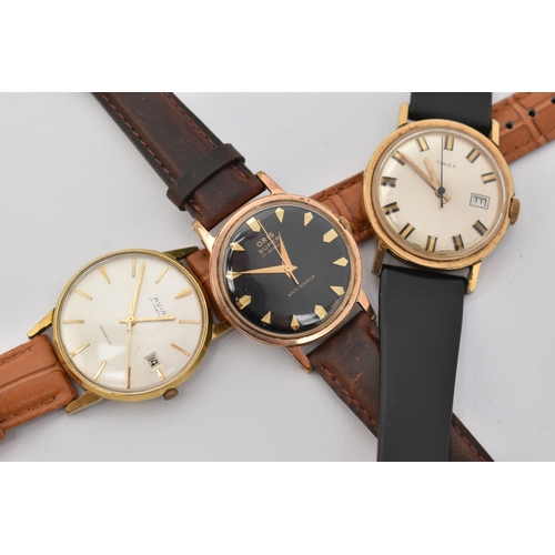 48 - THREE GENTLEMAN'S WRISTWATCHES, all with circular faces, baton markers and leather straps, to includ... 