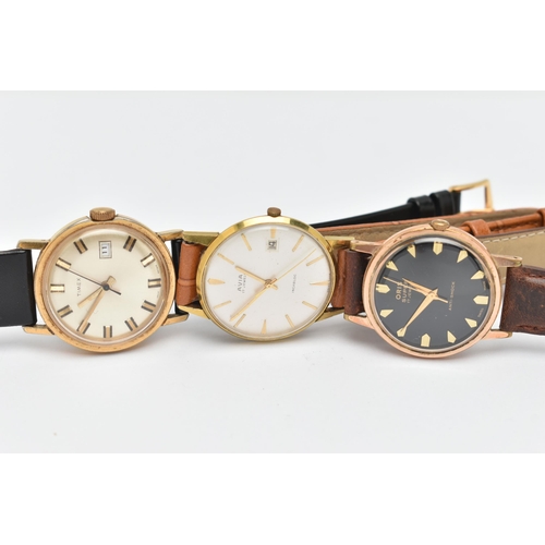 48 - THREE GENTLEMAN'S WRISTWATCHES, all with circular faces, baton markers and leather straps, to includ... 