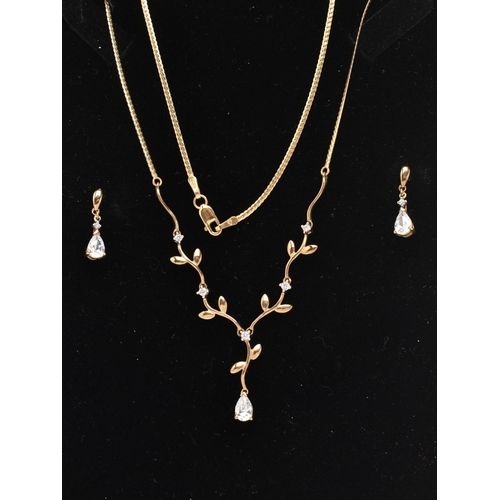 49 - A 9CT GOLD NECKLACE AND DROP EARRINGS, the necklace designed as a V-shape foliate line set with circ... 