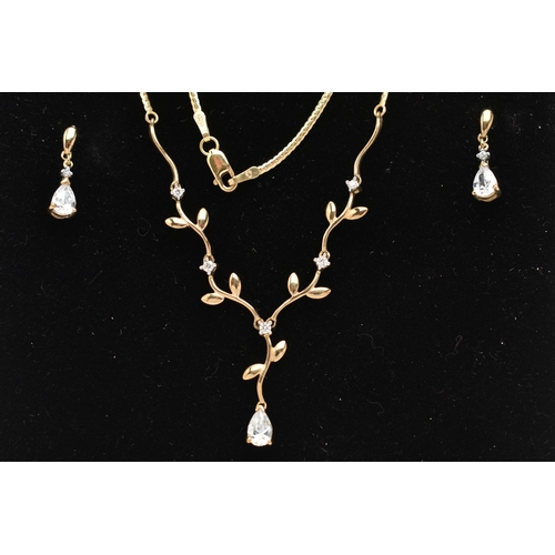 49 - A 9CT GOLD NECKLACE AND DROP EARRINGS, the necklace designed as a V-shape foliate line set with circ... 