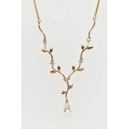 49 - A 9CT GOLD NECKLACE AND DROP EARRINGS, the necklace designed as a V-shape foliate line set with circ... 