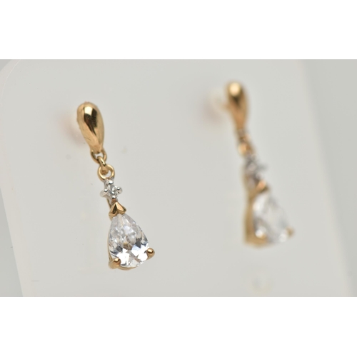 49 - A 9CT GOLD NECKLACE AND DROP EARRINGS, the necklace designed as a V-shape foliate line set with circ... 